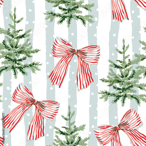 Christmas seamless pattern, fir trees, bows, snow, striped background. Vector illustration. Nature design. Season greeting. Winter holidays