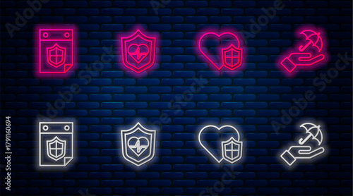 Set line Life insurance with shield, , Calendar and Umbrella hand. Glowing neon icon on brick wall. Vector