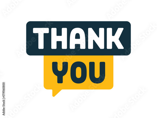 A graphic design displays the words 'THANK YOU' in bold white lettering against a dark blue rectangle, with the word 'YOU' in yellow text against a yellow speech bubble.