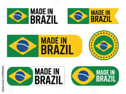 Collection of various "Made in Brazil" labels and stickers featuring the Brazilian flag
