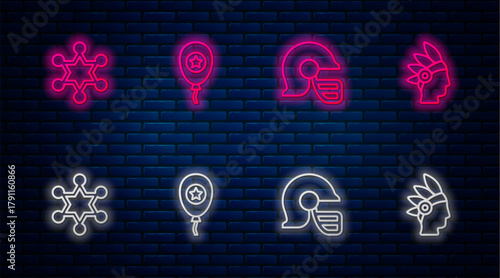Set line Balloons, American football helmet, Hexagram sheriff and Native Indian. Glowing neon icon on brick wall. Vector