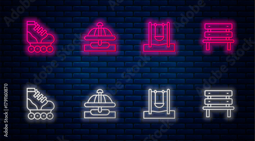 Set line Attraction carousel, Swing, Roller skate and Bench. Glowing neon icon on brick wall. Vector
