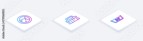 Set Isometric line Washer, Brush for cleaning and Temperature wash. White square button. Vector