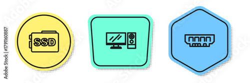Set line SSD card, Computer monitor and RAM, random access memory. Colored shapes. Vector