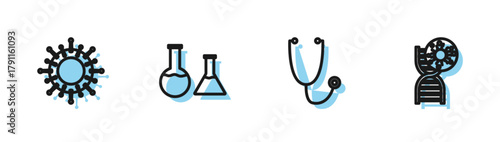 Set line Stethoscope, Virus, Test tube and flask and DNA symbol virus icon. Vector