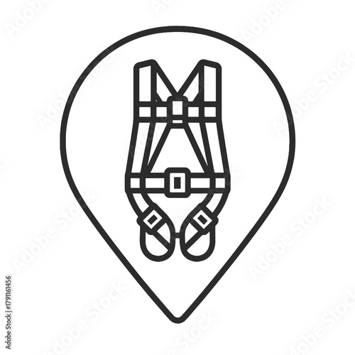 Minimalist protective harness icon in a square location marker, black outline vector for construction safety, risk prevention, and industrial workwear.