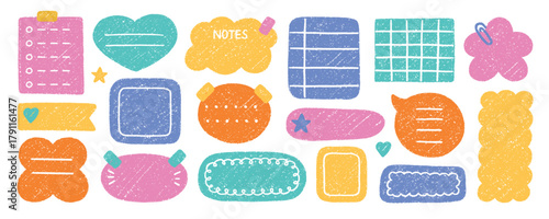 Crayon memo text boxes and frames  doodle set. Pencil stickers for planners, note frames in sketch style. Grunge textured hand drawn illustrations isolated on white background.