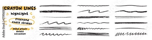 Crayon highlight strokes, charcoal lines doodle set. Pencil strikethrough and underlines, kids chalk strips in sketch style. Grunge texture. Hand drawn vector illustration isolated on white background