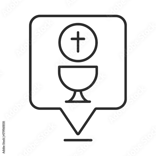 Minimalist Eucharist chalice pin icon, black outline vector showing holy cup and host, symbol of the Lord’s Supper and Christian devotion.