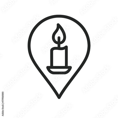 Thin line candle icon inside square map pin, black vector symbol of Christian faith, prayer, and divine light in minimal UI or app design.