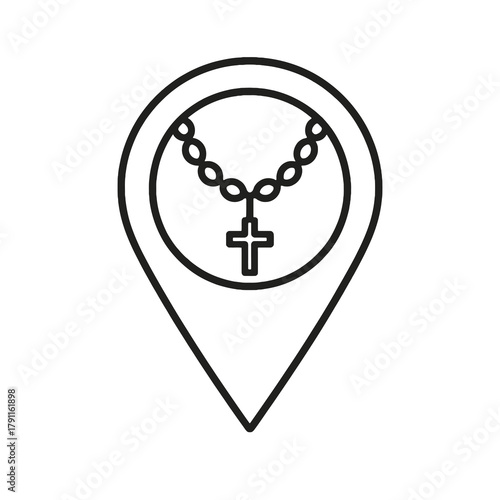 Thin line rosary icon inside square map pin, black vector symbol for Christian prayer, devotion, and spirituality in apps or websites.