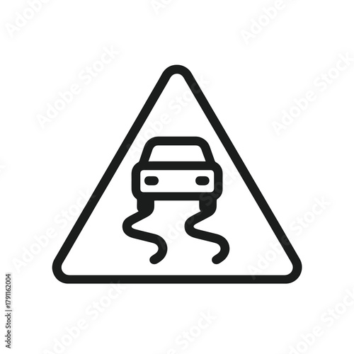 Black slippery road warning triangle icon, flat vector outline for car skid hazard, wet surface, or road safety alerts in UI and signage.