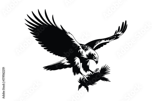 Powerful eagle grasping prey in flight silhouette