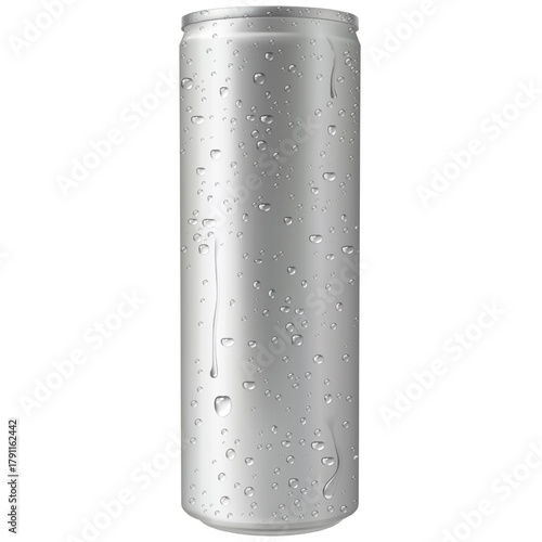 Aluminum drink can, vector realistic tall wet metallic tin can drink beer, soda, water, juice package with water drops