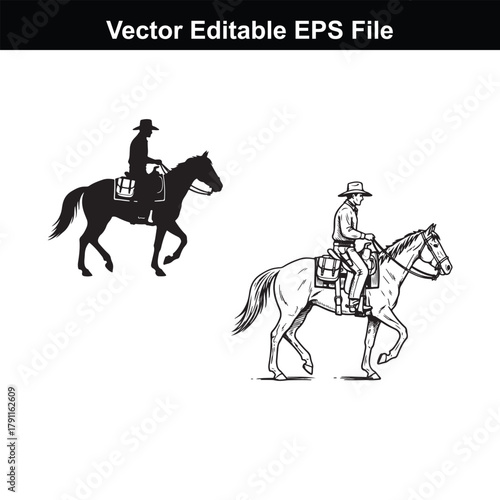 Silhouette and detailed drawing of a cowboy riding a horse, showcasing two distinct artistic styles