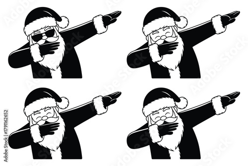Four variations of Santa Claus striking a dab pose, showcasing festive holiday cheer and contemporary dance moves.