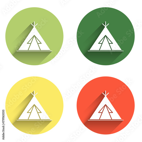 Set Traditional indian teepee or wigwam icon isolated with long shadow background. Indian tent. Color circle button. Vector