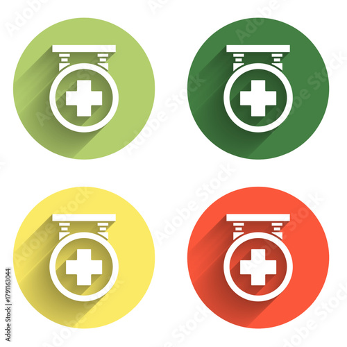 Set Hospital signboard icon isolated with long shadow background. Color circle button. Vector
