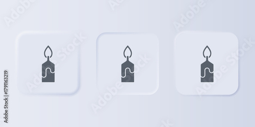 Grey Burning candle icon isolated on grey background. Cylindrical candle stick with burning flame. Set icons in square buttons. Vector