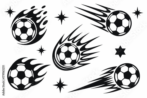 Silhouette Football Graphics with Dynamic Kicks, Motion Trails, and Energy Bursts – Sport Action Vector Illustration