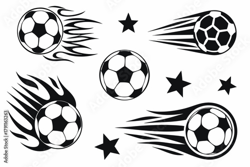 Silhouette Football Graphics with Dynamic Kicks, Motion Trails, and Energy Bursts – Sport Action Vector Illustration