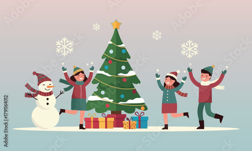 People celebrating near Christmas tree – flat vector