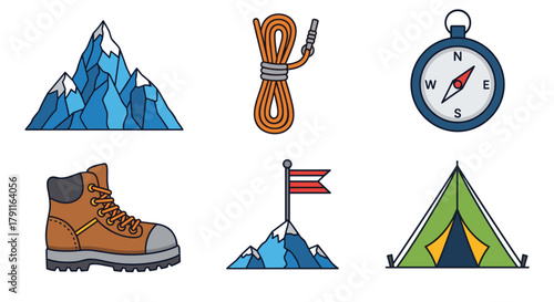 Illustrations of mountain climbing gear and camping equipment