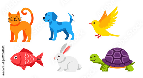 Illustration of various animals including cat dog bird fish rabbit turtle