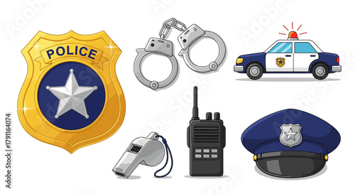 Illustration of police badge handcuffs car radio whistle and hat