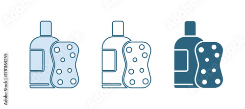 Blue Bottle of shampoo and sponge icon isolated on white background. Vector