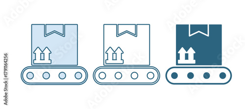Blue Conveyor belt with cardboard box icon isolated on white background. Vector