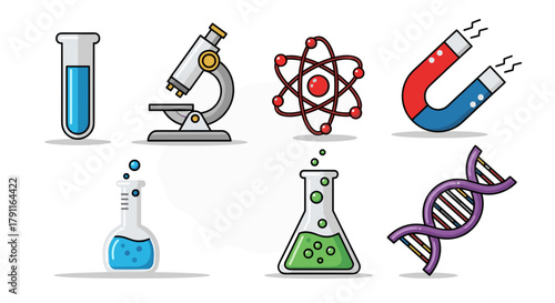 Illustration of science equipment including microscope and dna