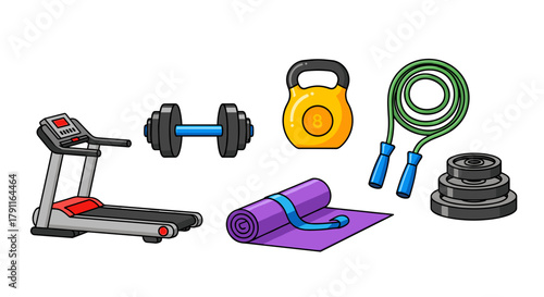 Illustration of gym equipment including treadmill and weights