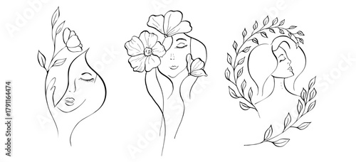 Vector Elegant female faces with delicate peony, tulip, begonia, aster, eustoma, rosehip. Hand painted linear contour flower. Graphic clipart isolated. Botanical, tattoo and wedding illustration. For