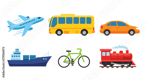Illustration of various modes of transportation including plane train