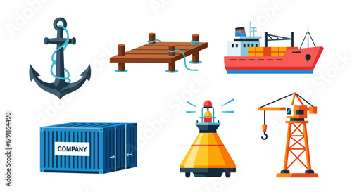 Illustration of maritime elements including ship anchor and crane