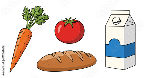 Illustration of carrot tomato bread and milk carton on white background