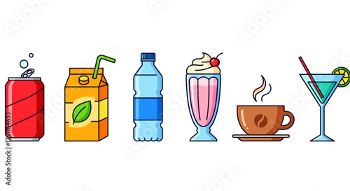 Illustration of various beverages including soda juice and coffee