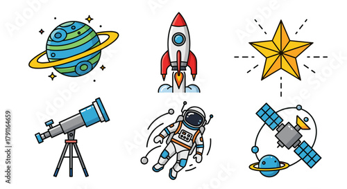 Illustration of planet rocket star telescope astronaut and satellite