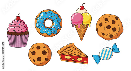 Illustration of a cartoon style assortment of sweet desserts