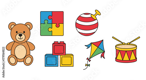 Illustration of a teddy bear and several different colorful toys