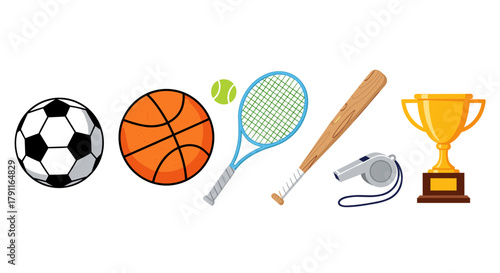 Illustration of various sports equipment and a golden trophy cup