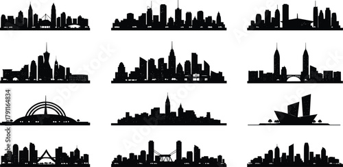 City skyline silhouettes, iconic urban buildings, modern architecture, famous landmarks, cityscape collection, metropolitan horizons, black and white, travel destinations, global cities