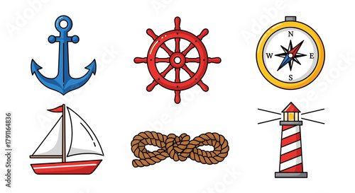 Illustration of nautical themed icons including anchor and compass
