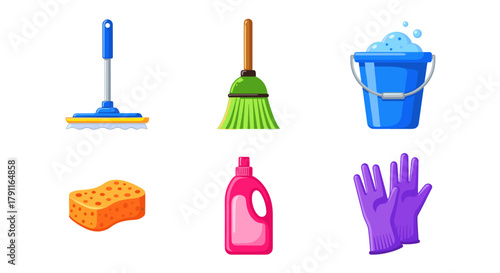 Illustration of cleaning supplies including mop, broom, and bucket