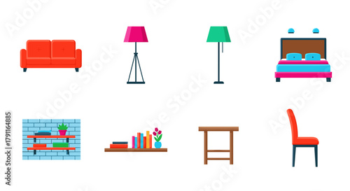 Illustration of furniture including sofa bed lamps and shelving unit