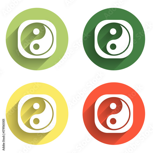 Set Yin Yang symbol of harmony and balance icon isolated with long shadow background. Color circle button. Vector