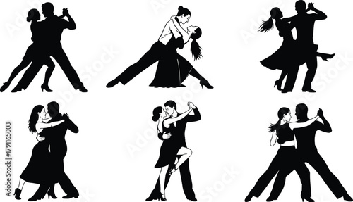 Dancing couple silhouettes, partner dance icons, tango, ballroom, Latin pose, black vector, editable, isolated, performance, elegance, motion