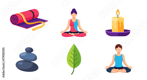 Illustration of yoga mat, meditating figures, candle, leaf, stones