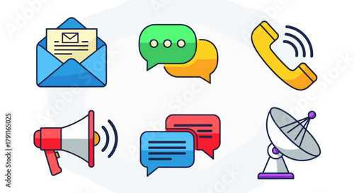 Illustration of communication icons including mail phone and satellite